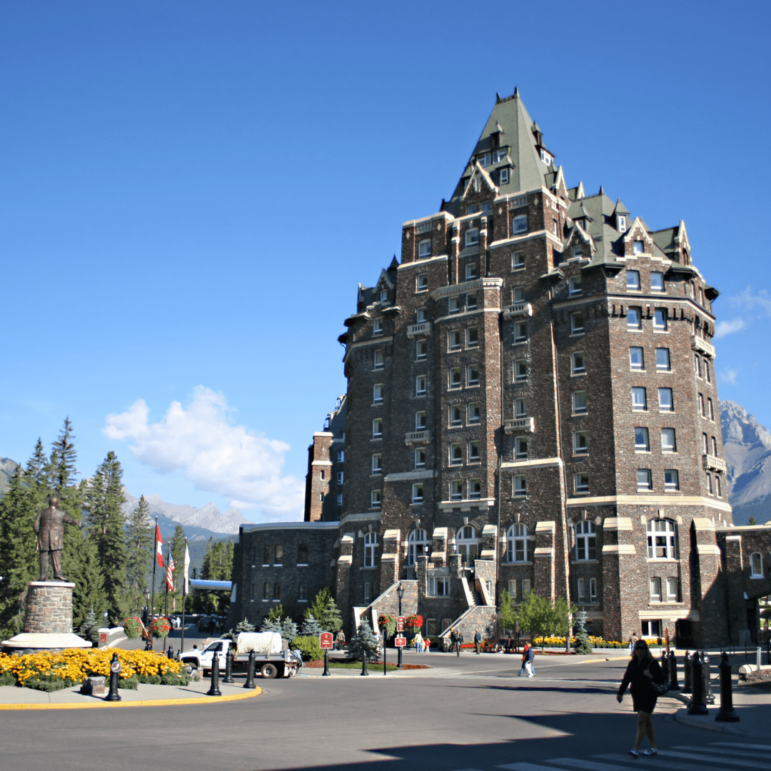 Banff Springs Hotel with a sunny backdrop